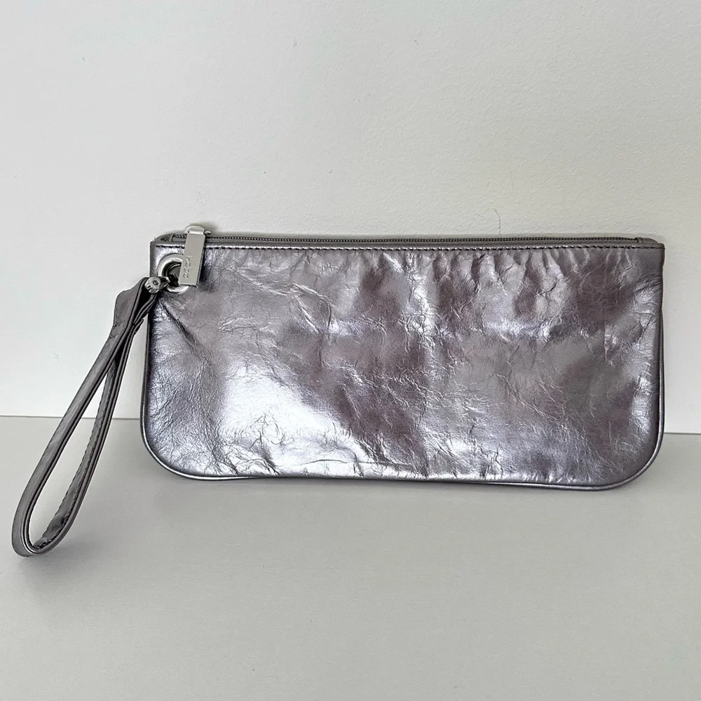 Hobo Silver Pewter Minimalist Leather Wristlet Clutch